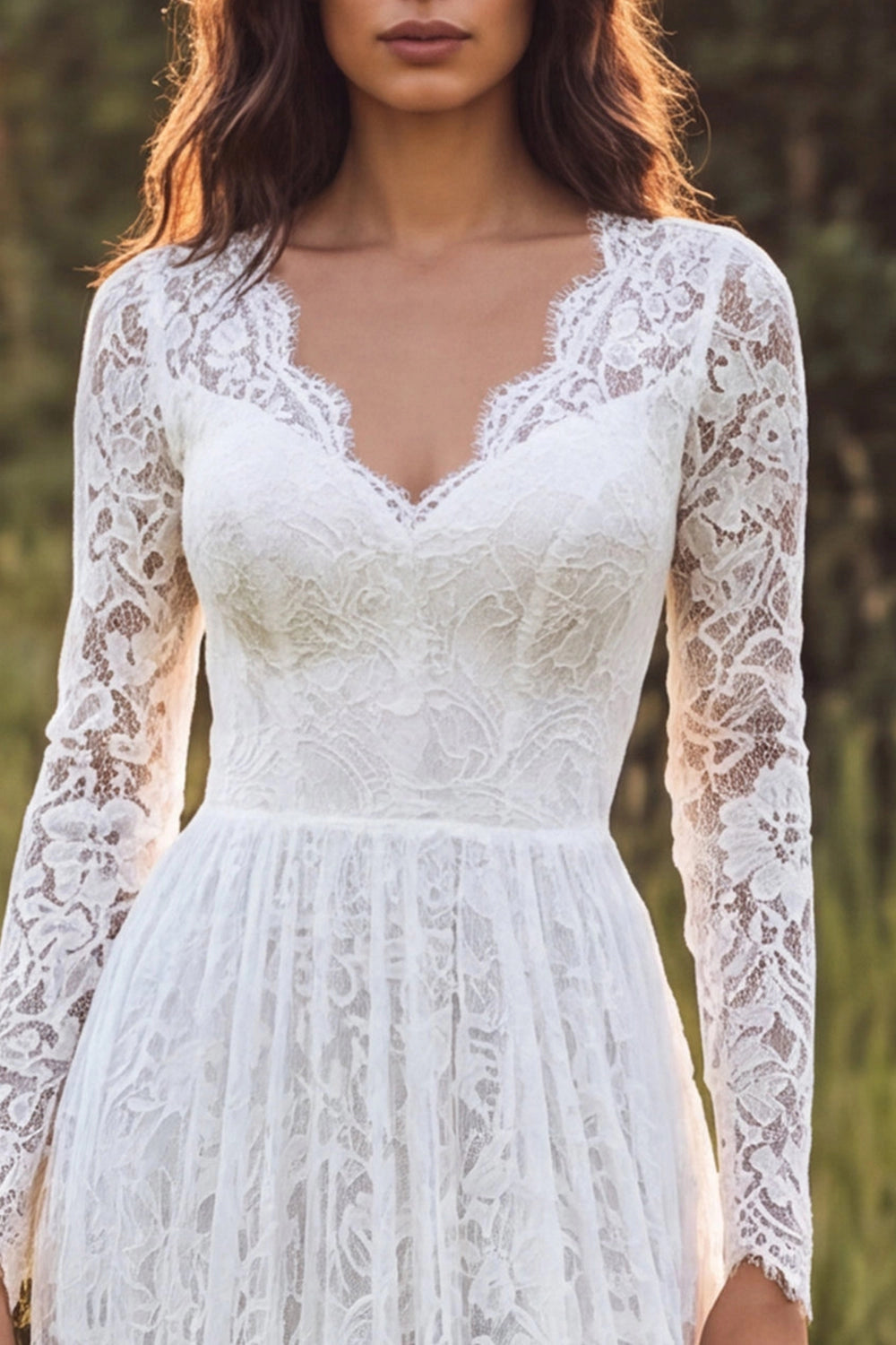 Whimsical A-line V Neck Long Sleeve Open Back Tiered Train Wedding Dress