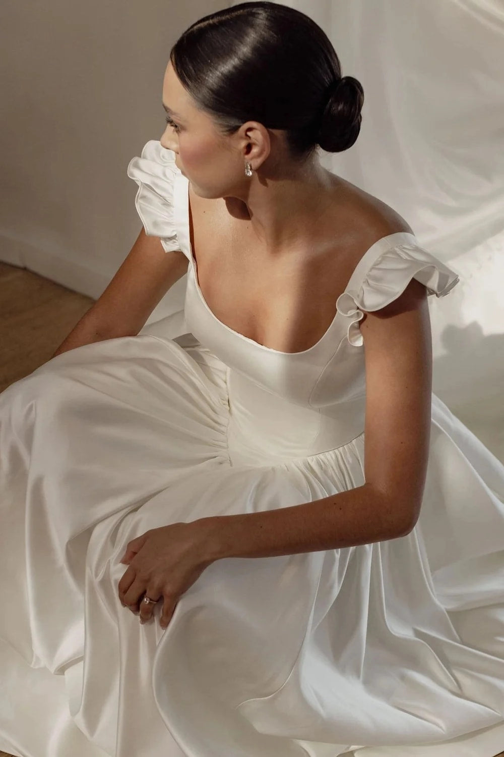Ivory Satin Soft Ballgown Square Neck Ruffle Strap V Back Cathedral Train Wedding Dress