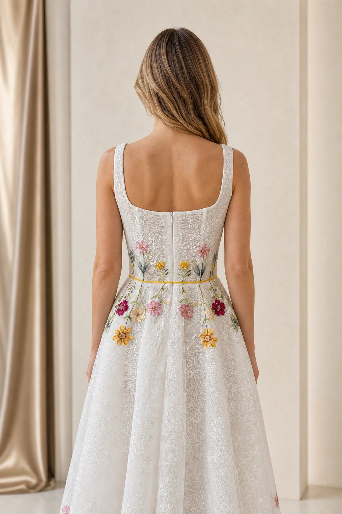 Floral Embroidered A-Line Square Neck Sleeveless Low Back Midi Garden Wedding Bridesmaid Dress