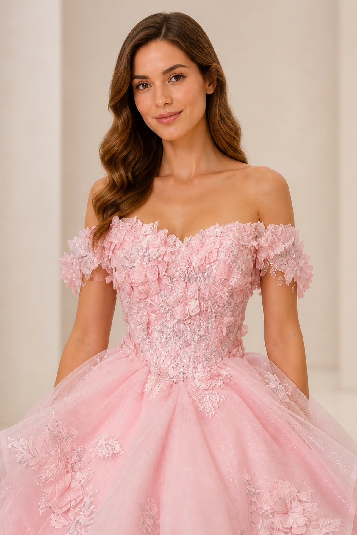 Glamorous Ball‑Gown Off‑The‑Shoulder Short‑Sleeve Lace‑Up‑Back Floor‑Length Prom Dress