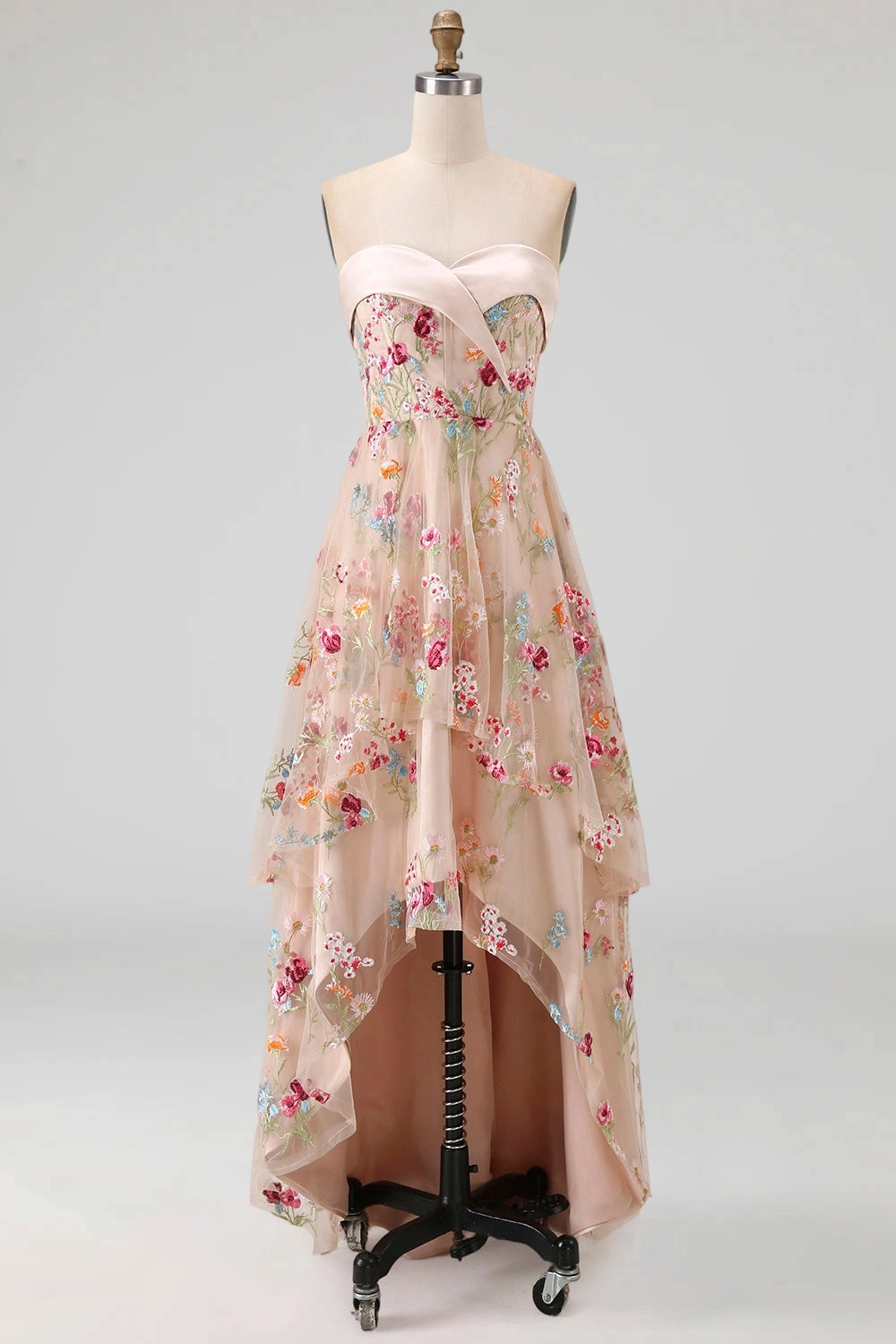 Floral High Low Strapless Zipper Back Maxi Wedding Guest Dress