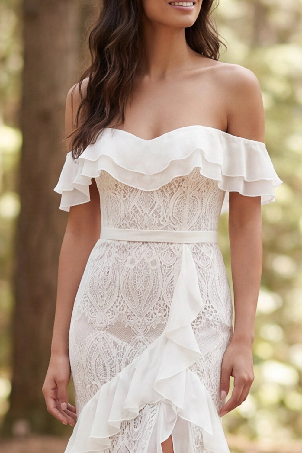 Romantic Mermaid Off Shoulder Sleeveless Zip Back Slit Train Wedding Dress
