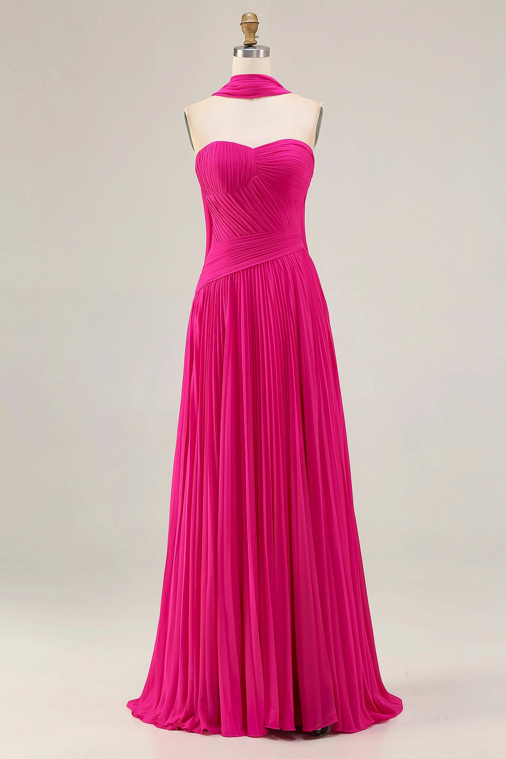 Fuchsia A Line Plus SizeStrapless Sweetheart Plain Back Pleated Long Prom Dress