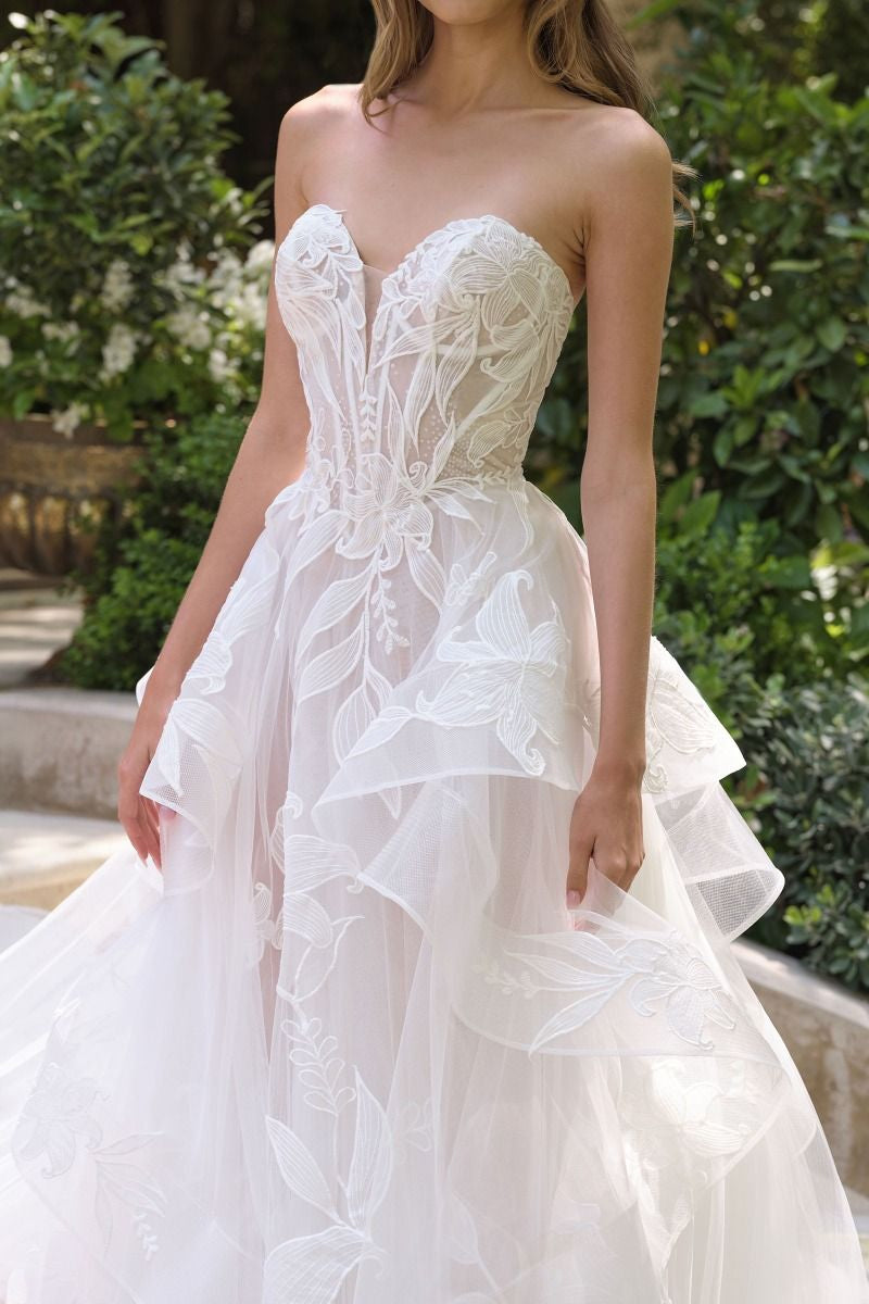 Floral Lace A Line Strapless Sweetheart Corset Back Train Wedding Dress