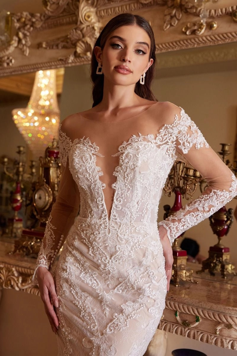 Luxury Lace Mermaid Off Shoulder Deep V Long Sleeve Cutout Low Back Train Wedding Dress