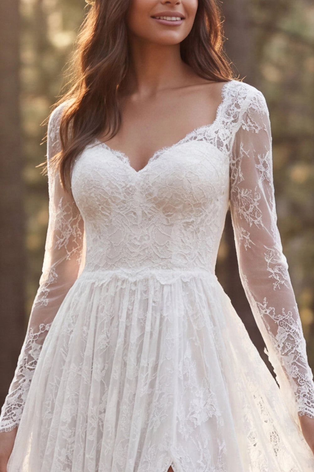 Boho A-line Sweetheart Long Sleeve Deep V Back Slit Train Wedding Dress