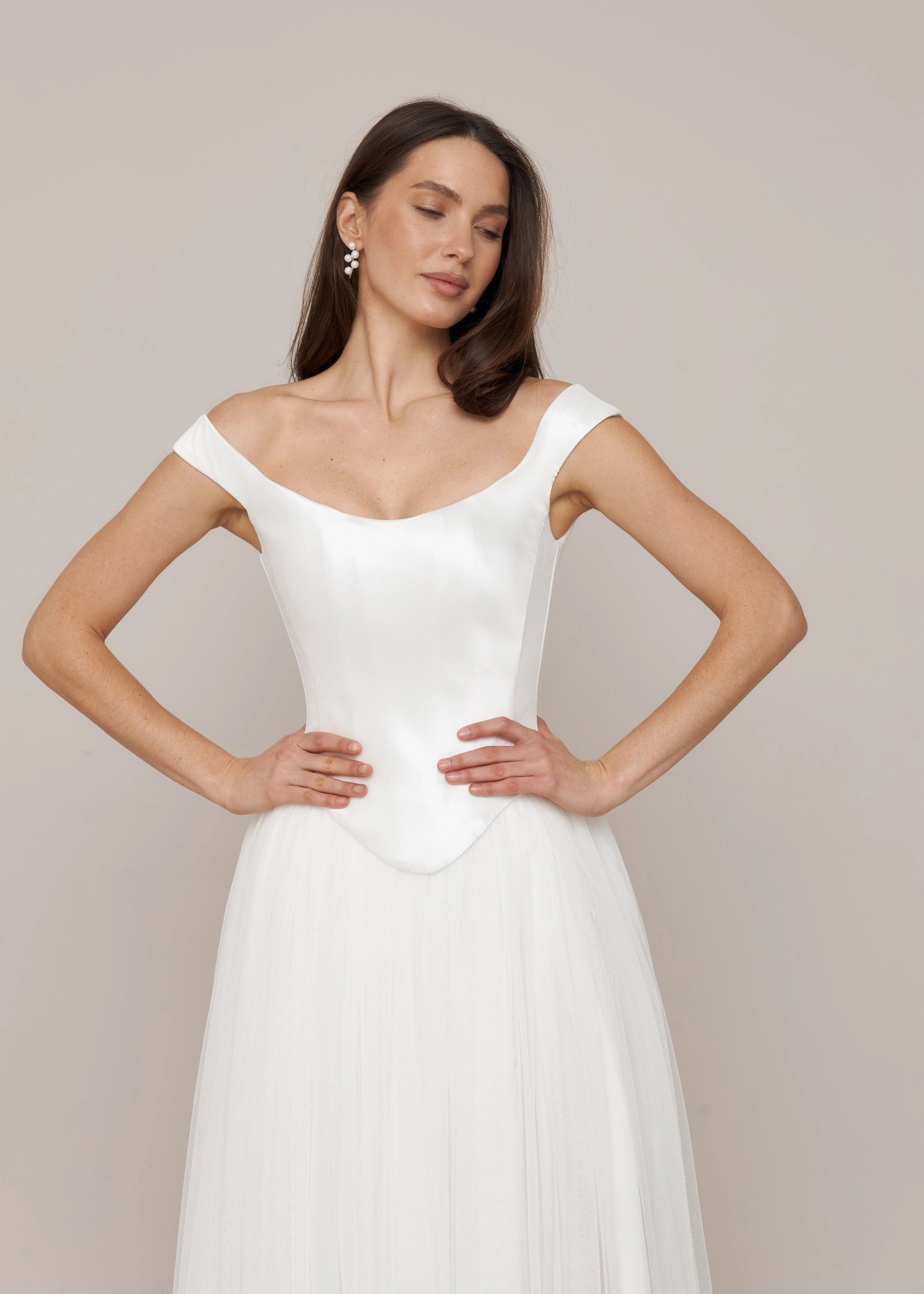 Minimalist A-line Off-shoulder Cap Sleeve Corset Back Floor-length Wedding Dress