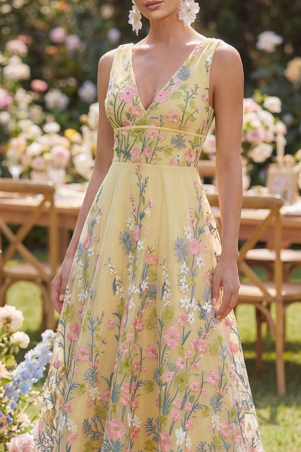 Romantic A-Line V-Neck Sleeveless V-Back Maxi Wedding Guest Dress
