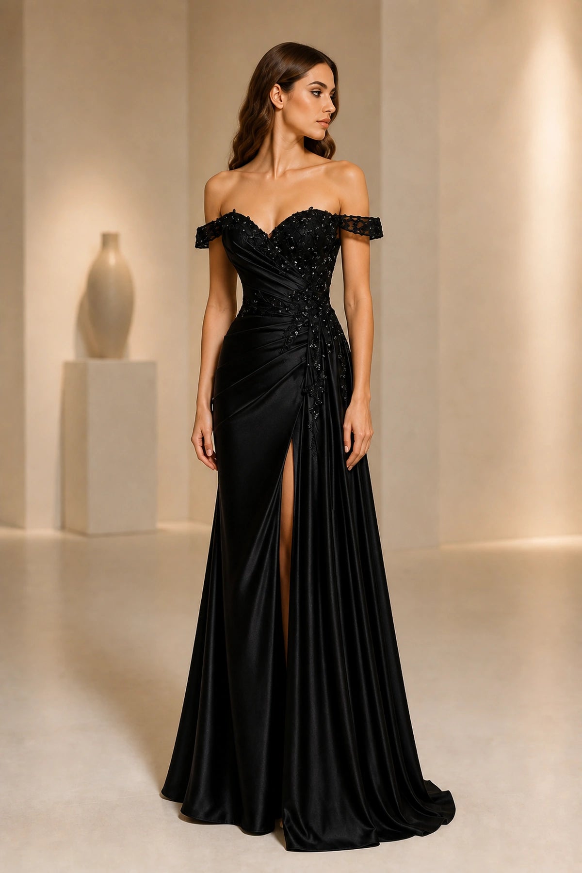 Luxury A‑Line Off‑The‑Shoulder Short‑Sleeve Lace‑Up‑Back Slit Floor‑Length Prom Dress