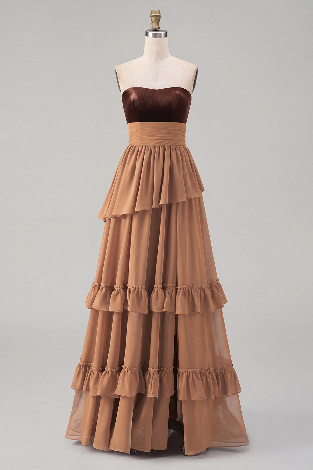 Tiered A Line Strapless Zip Back Sleeveless Slit Maxi Wedding Guest Dress 