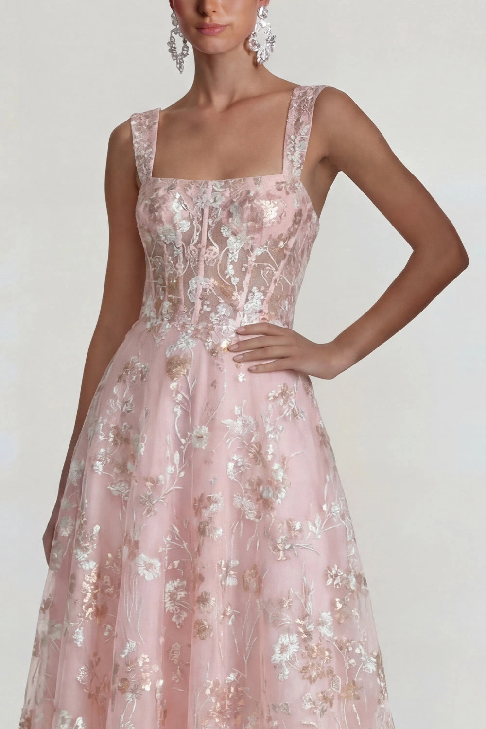 Blush Floral A-Line Square Neck Sleeveless Sheer Corset Back Midi Prom Dress