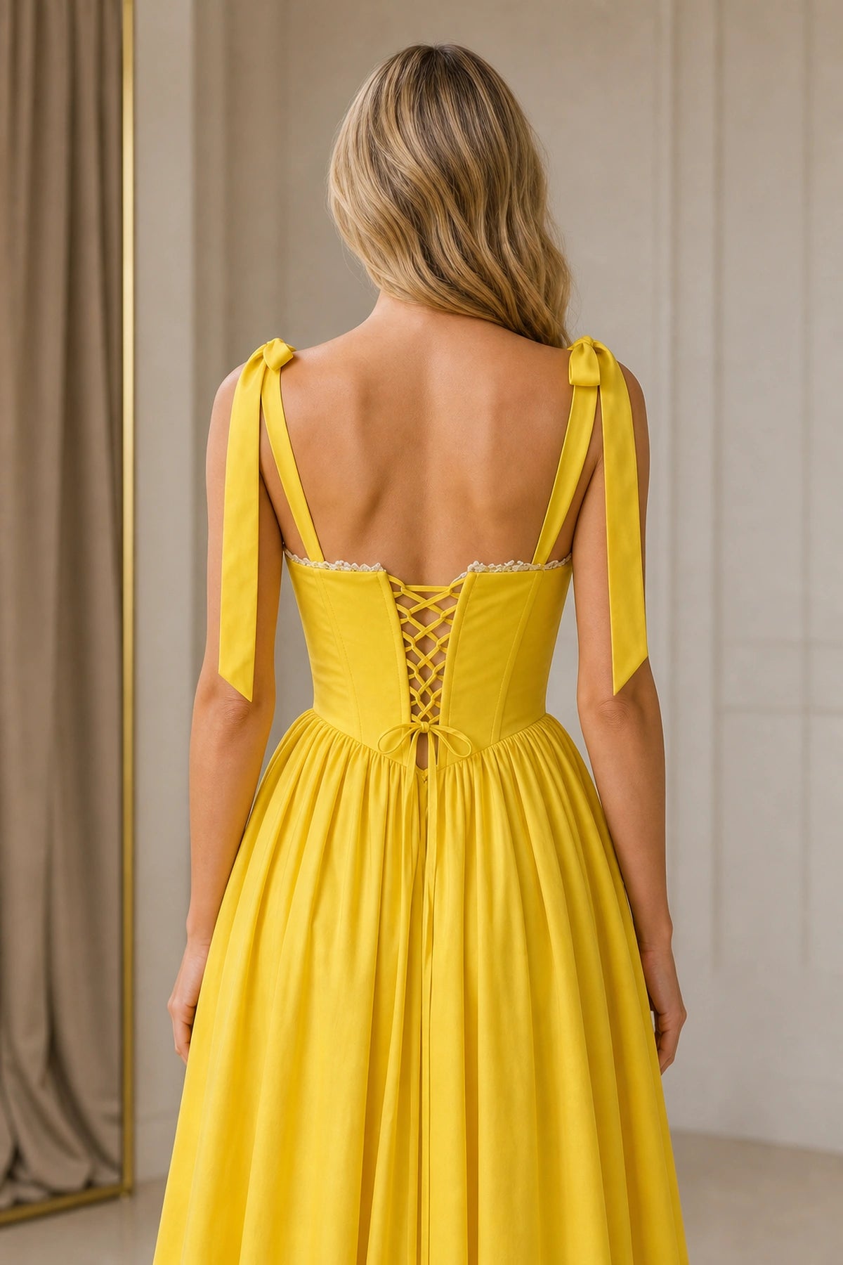 Yellow Corset A-Line Sweetheart Tie Strap Lace-Up Back Midi Homecoming Bridesmaid Dress