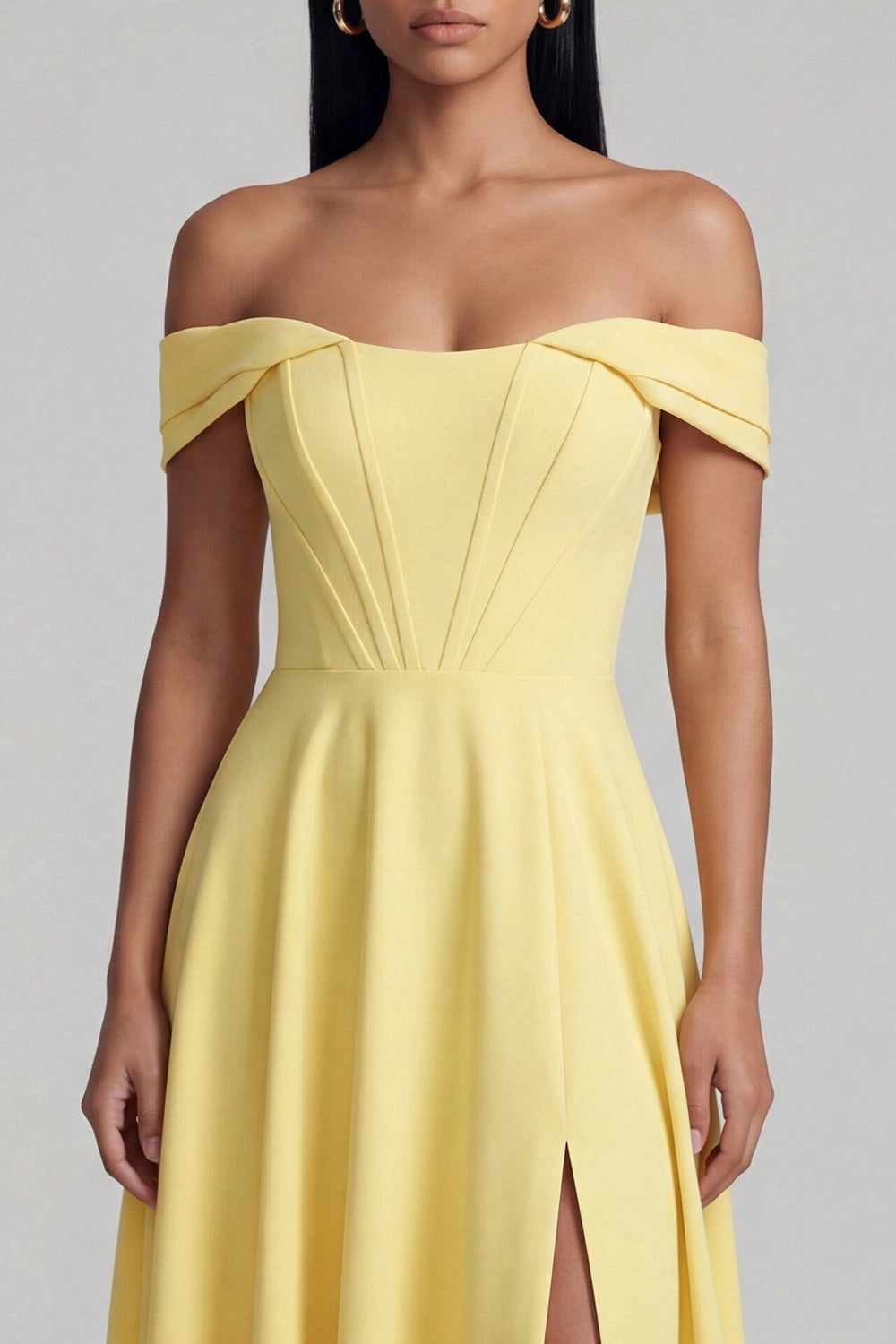 Charming A-Line Off Shoulder Short Sleeve Back Zip Midi Wedding Guest Dress