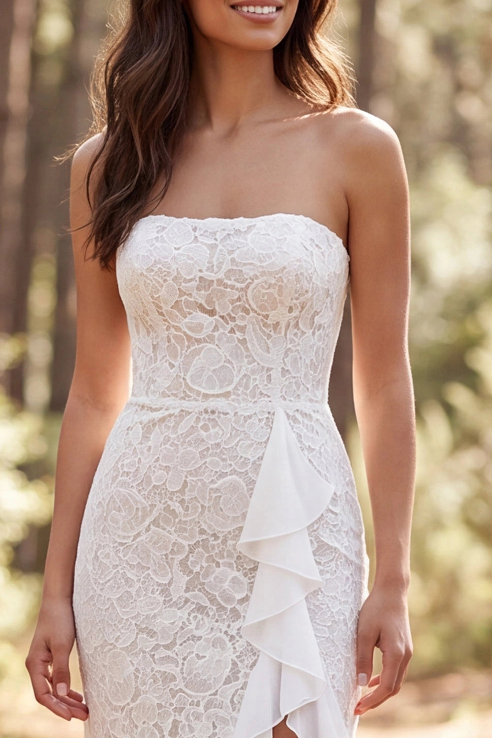 Elegant Mermaid Strapless Sleeveless Zip Back Ruffle Slit Train Wedding Dress