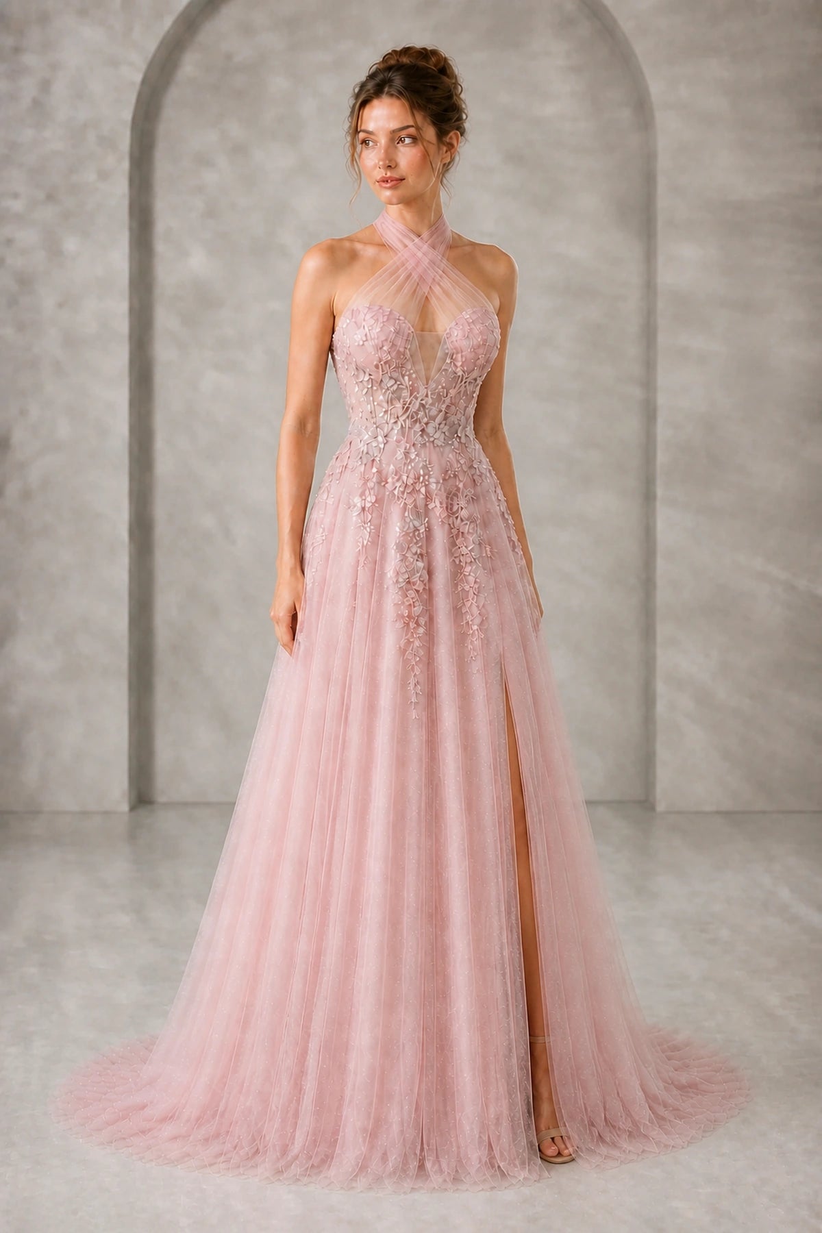 Elegant A‑Line Halter Sleeveless Zip‑Back Slit Sweep‑Train Prom Dress
