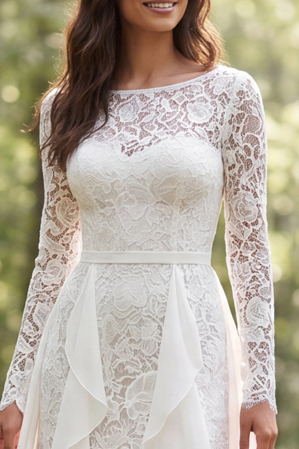 Vintage A-line Bateau Long Sleeve Sheer Back Ruffle Slit Train Wedding Dress
