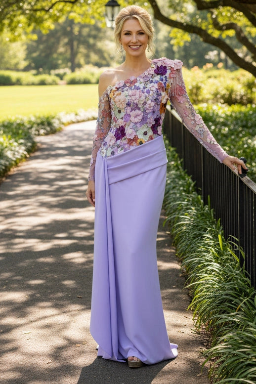 Lavender Mermaid One Shoulder Long Sleeve Open Back Mother of Bride Dress