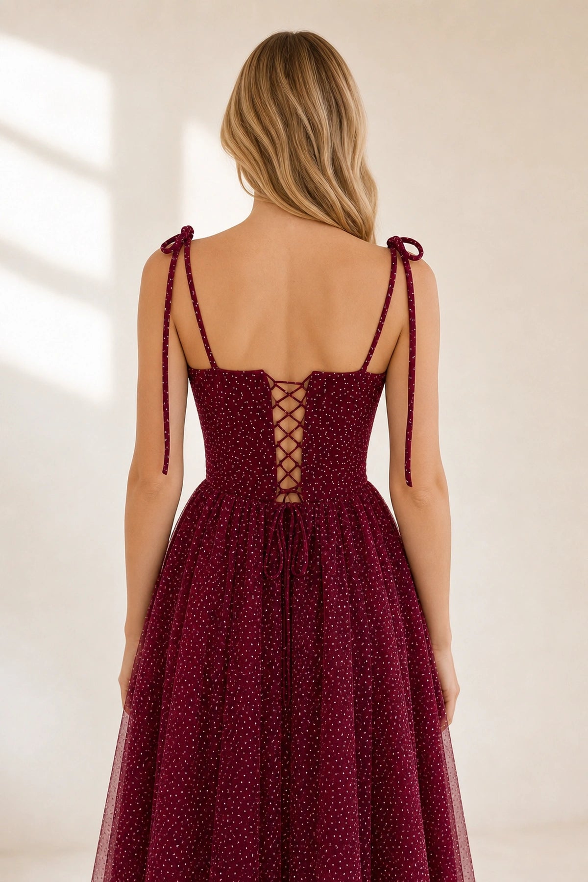 Burgundy A-line Sweetheart Spaghetti Strap Lace-up Back Midi Homecoming Dress