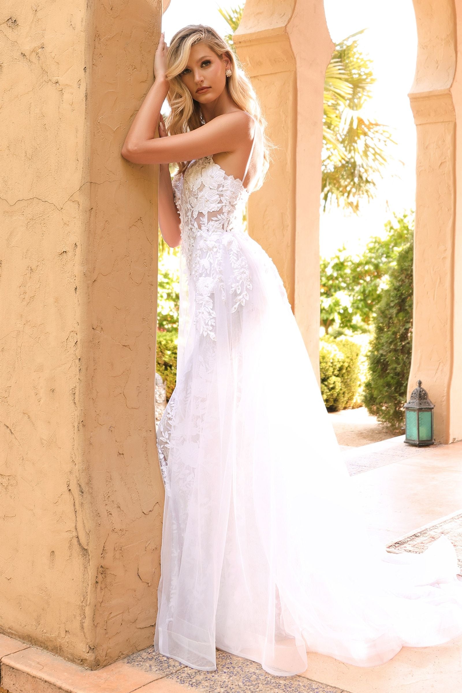Lace Mermaid V Neck Spaghetti Strap Low Back Train Wedding Dress