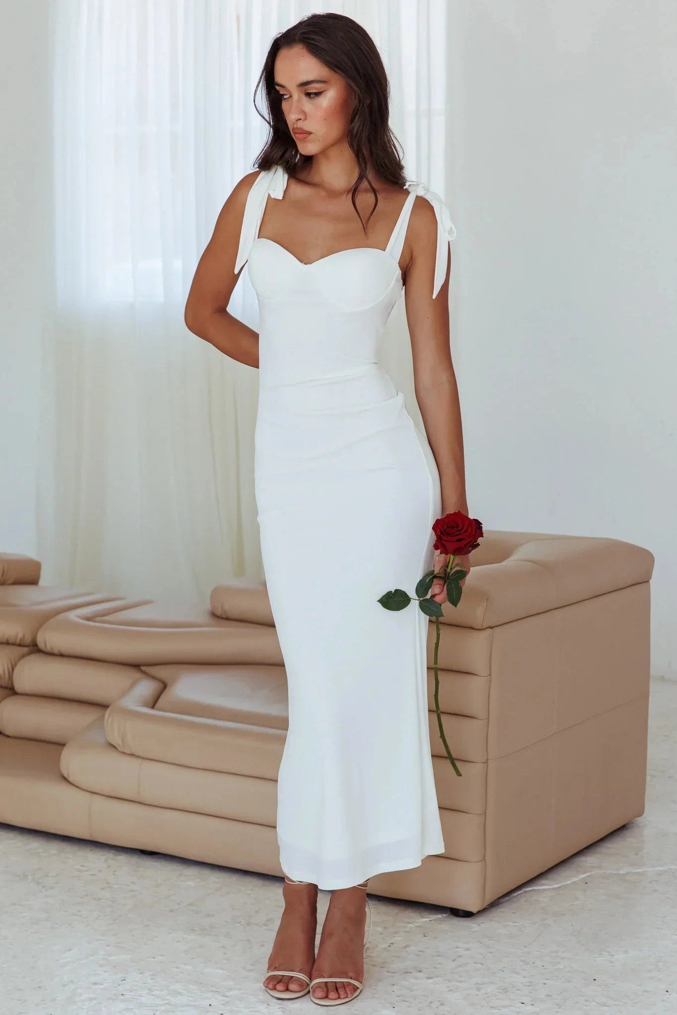 Romantic Sheath Sweetheart Sleeveless Bow Strap Midi Wedding Dress
