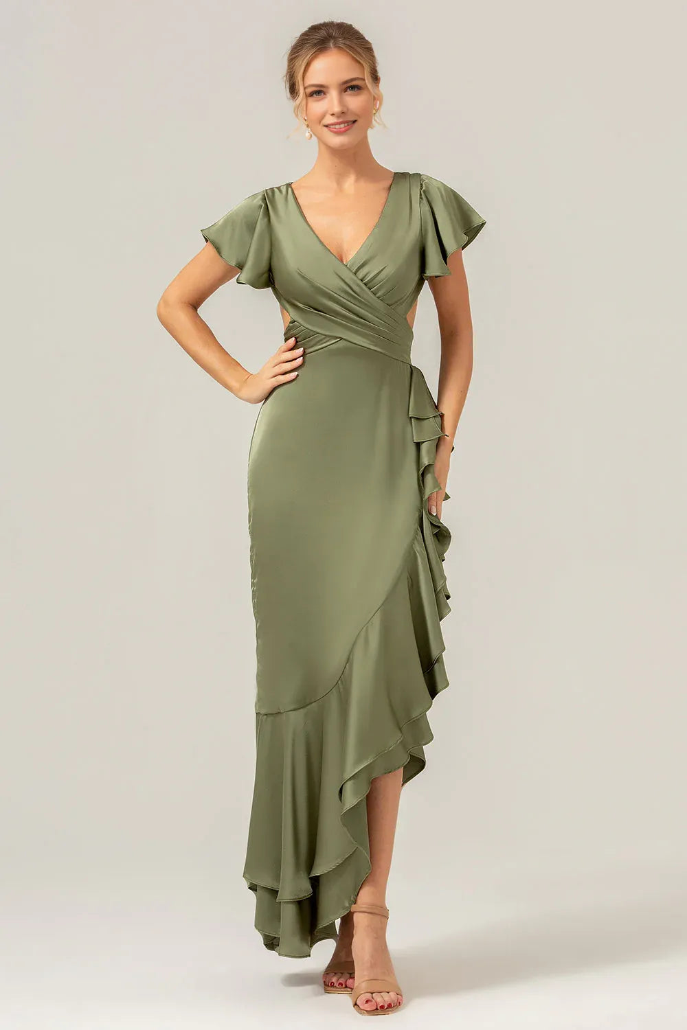 Refined Sheath V-Neck Flutter Sleeve Satin Side-Cutout Ruffle High-Low Formal Wedding Guest Dress