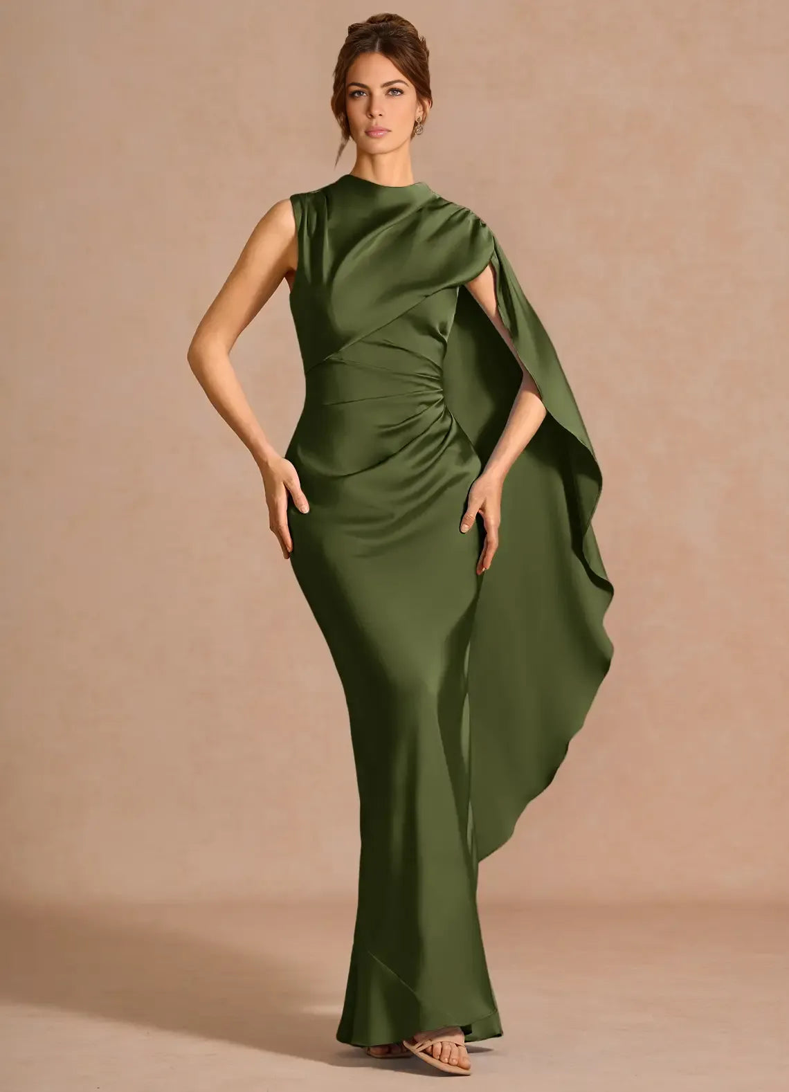 Luxury Mermaid Highneck Sleeveless Satin Maxi Cape Lace-up Formal Evening Dress