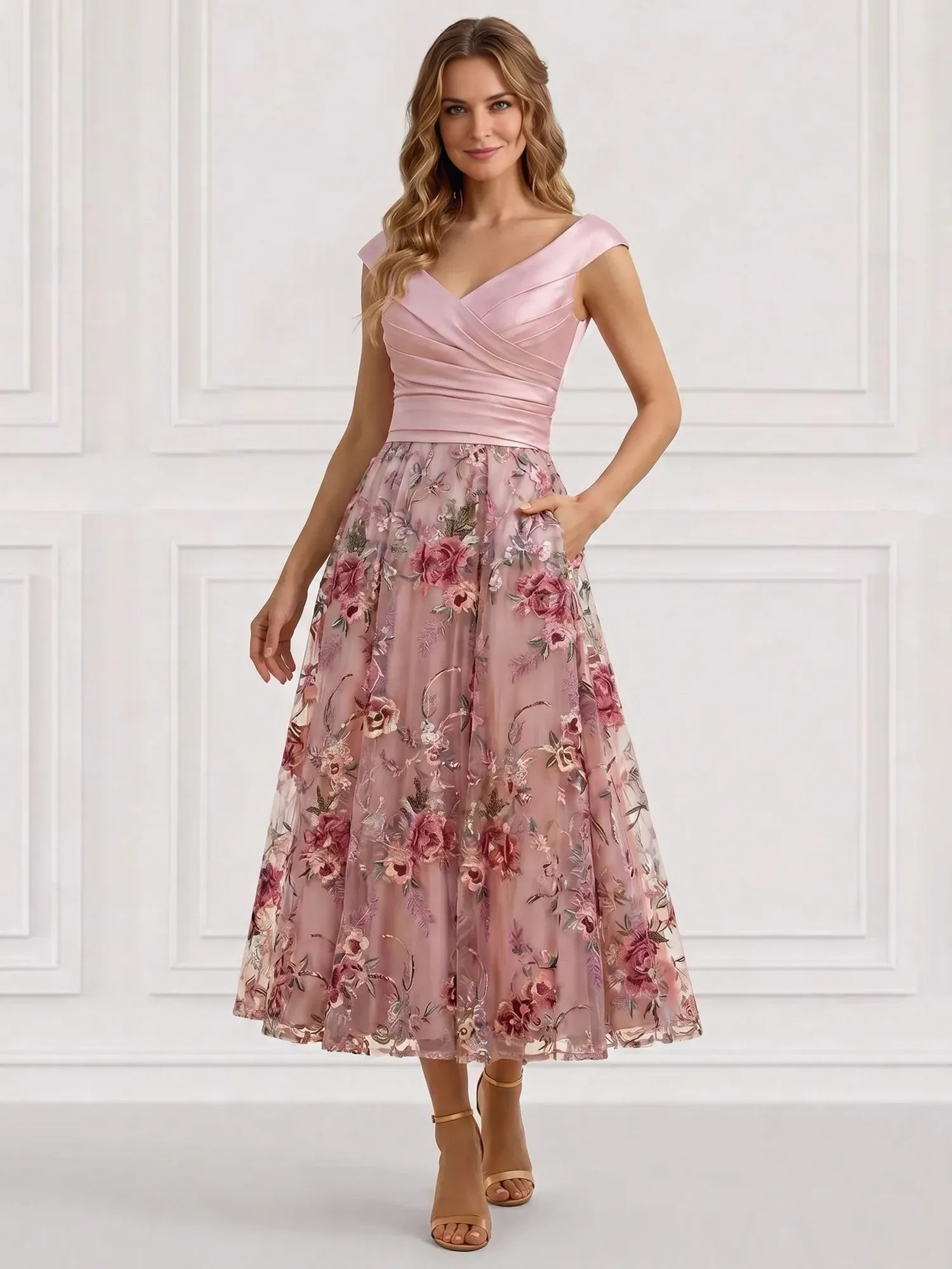 A-line V-neck cap sleeve cocktail dress with pleated satin bodice, floral embroidered tulle skirt, side pockets, back zipper, and tea-length hem