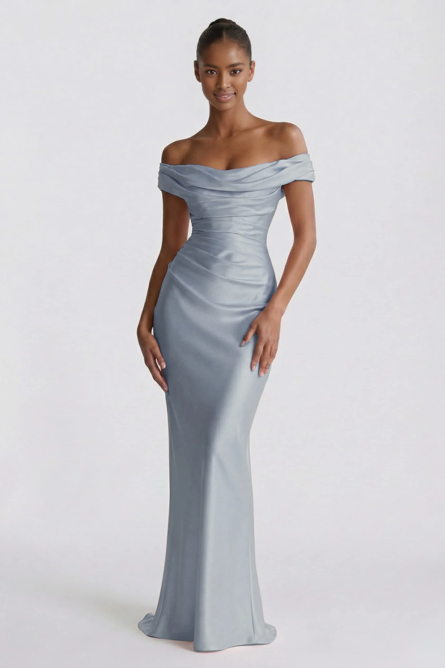 Sheath Off-the-Shoulder Short Sleeve Satin Ruched Lace-Up Evening Dress