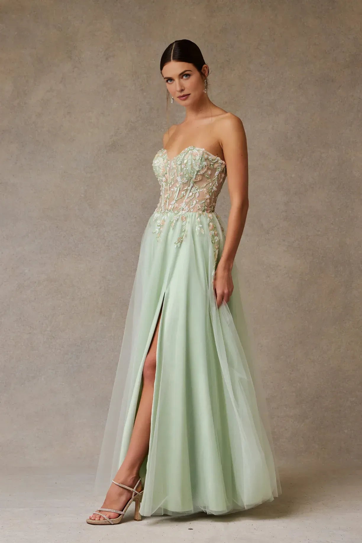 Whimsical A-Line Sweetheart Strapless Tulle Long Floral Slit Prom Dress