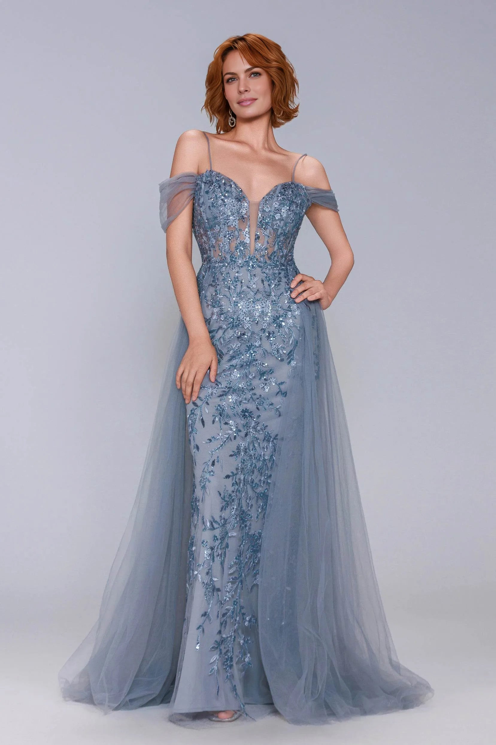 Radiant Mermaid Plunge Neck Off-Shoulder Tulle Appliqué Evening Gown