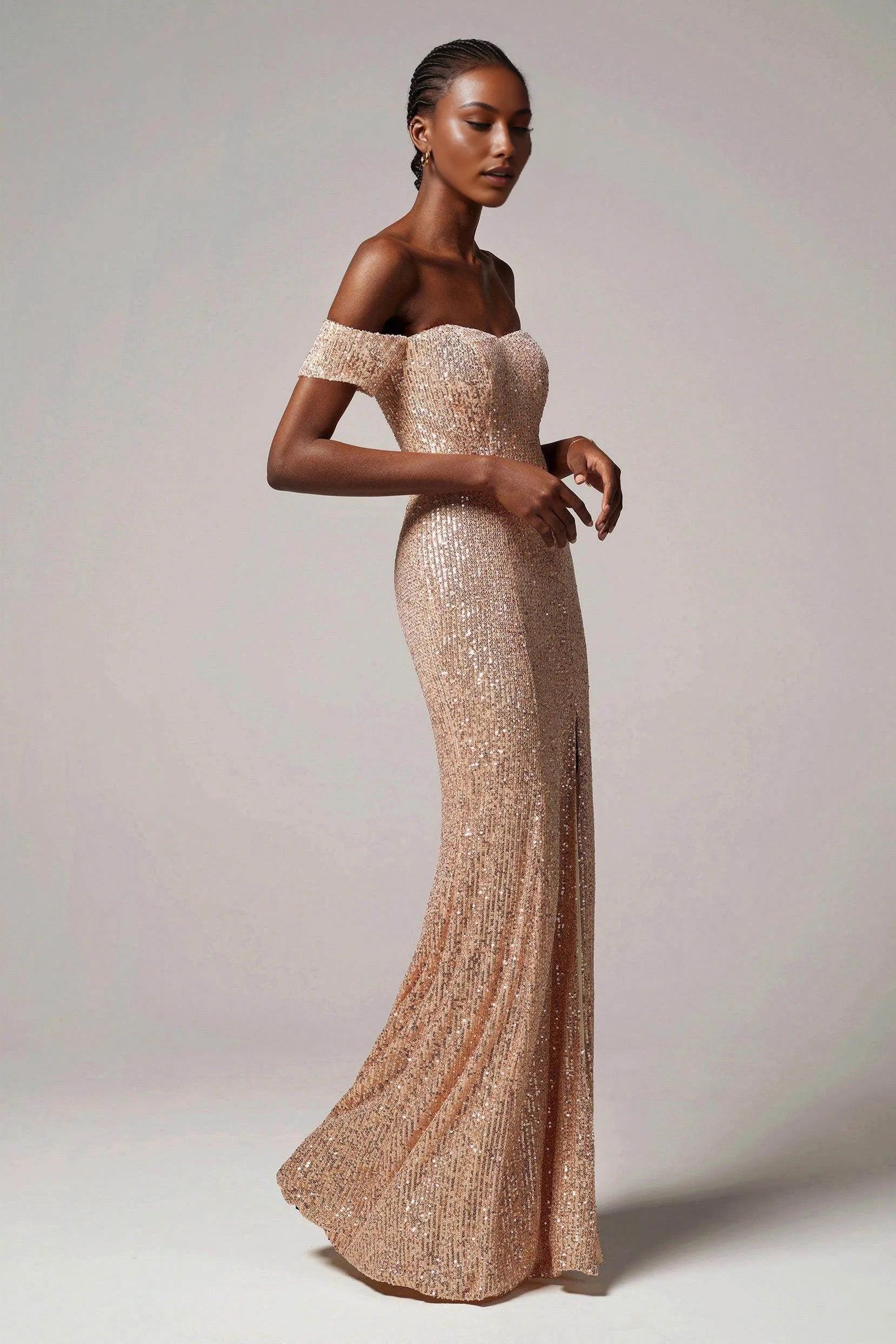 Radiant Sheath-Column Sweetheart Off-Shoulder Sequin Slit Evening Dress