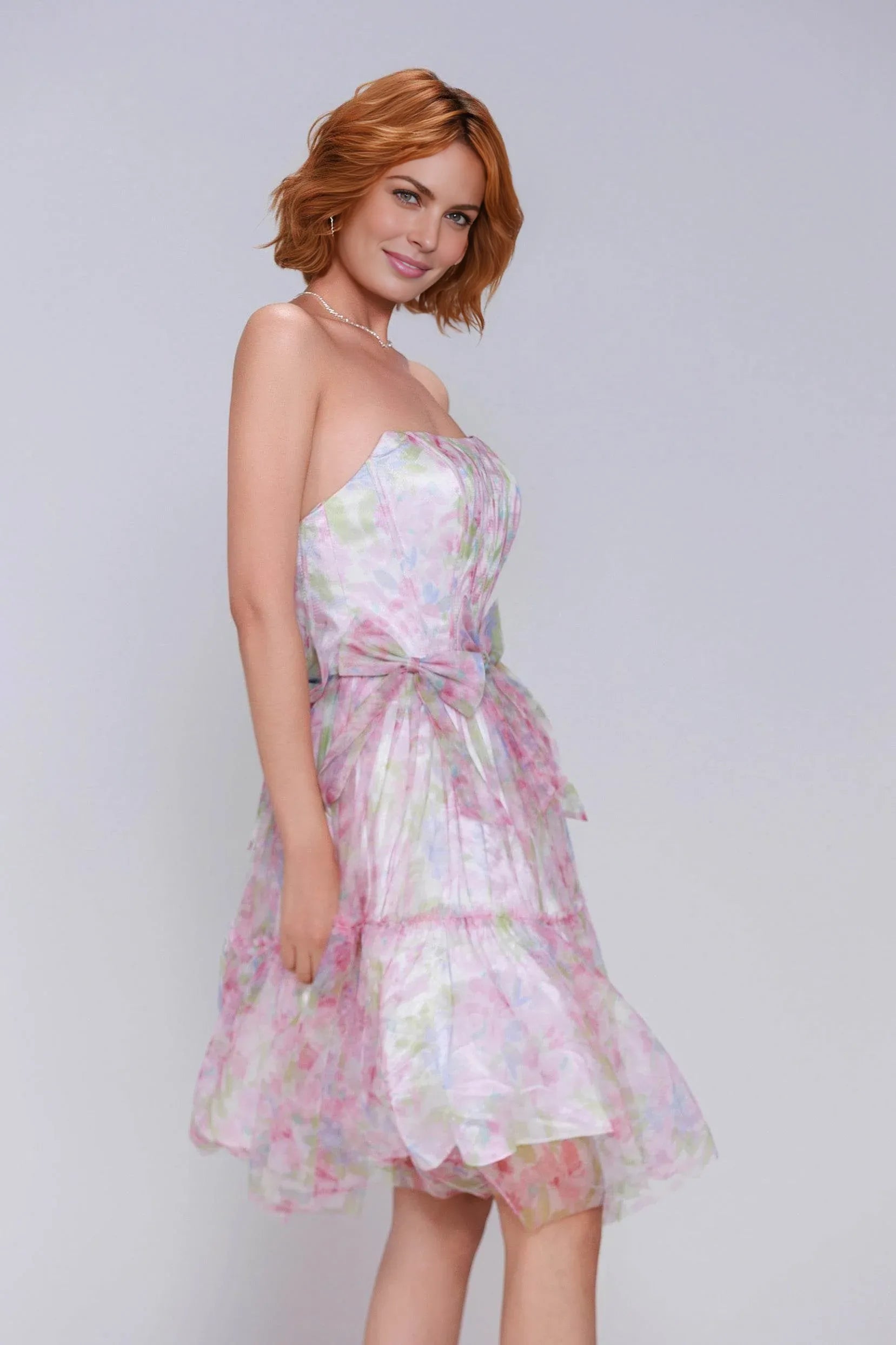 Dreamy A-Line Strapless Floral Printed Tulle Bow-Back Homecoming Dress