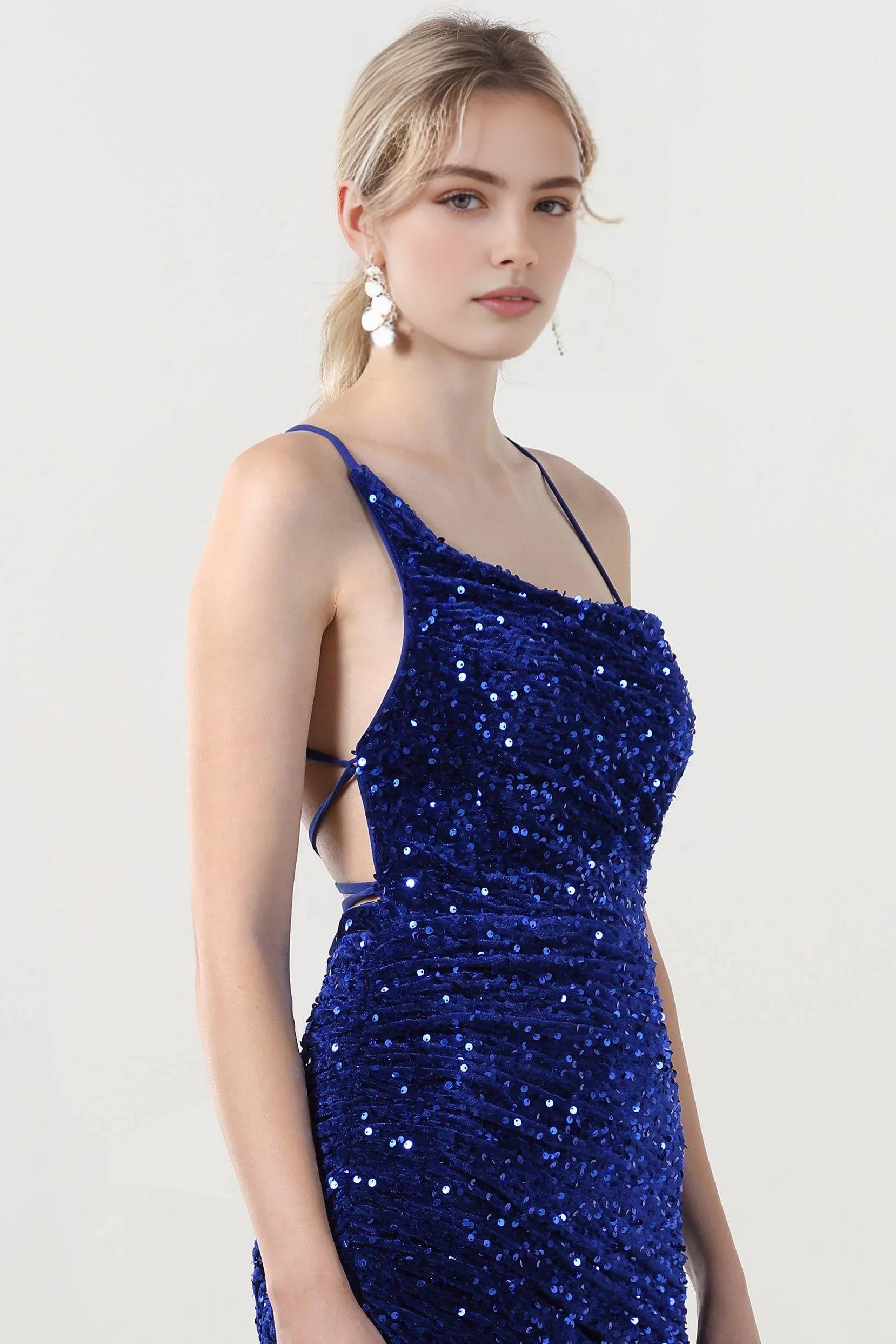 Sleek Sheath Cowl Neck Sleeveless Velvet Sequin Ruched Slit Evening Dress