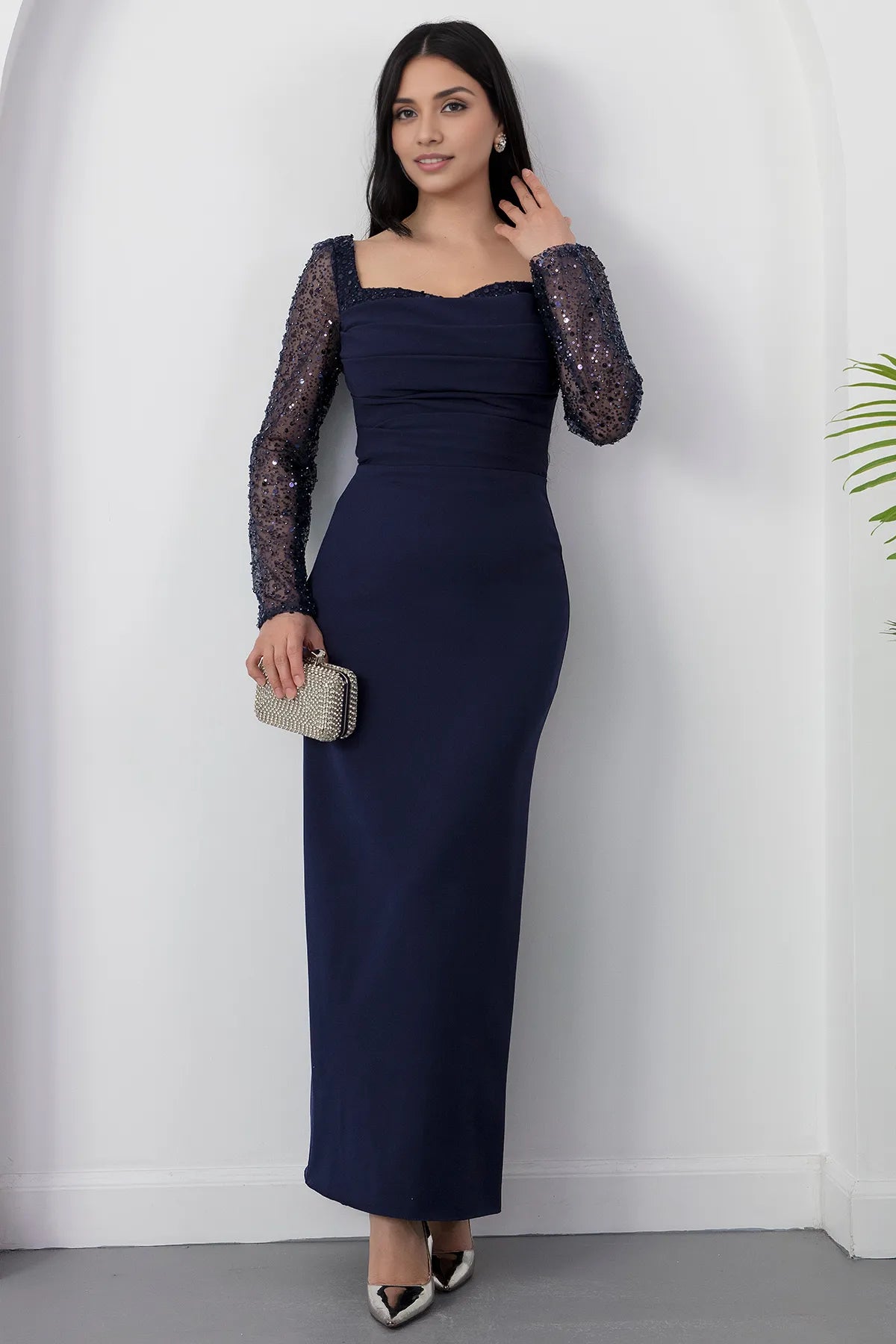 Sheath square neck formal evening dress with sheer sequin long sleeves and ruched bodice