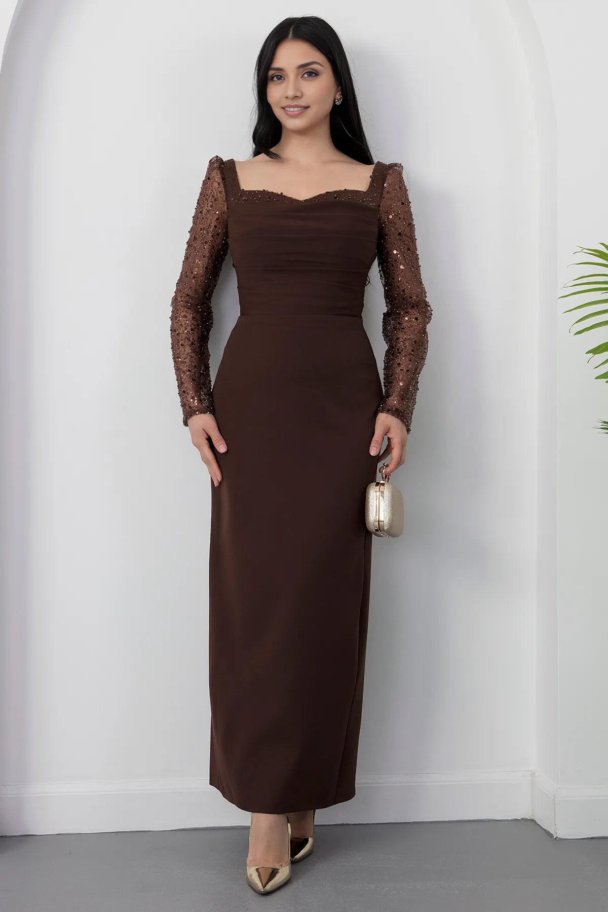 Sophisticated Sheath Square Neck Long Sleeve Sequin Mesh Formal Evening Dress