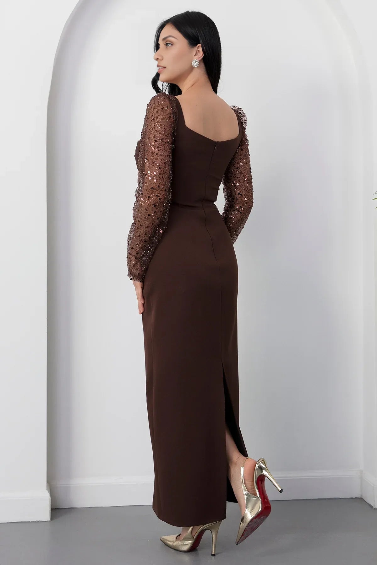 Sophisticated Sheath Square Neck Long Sleeve Sequin Mesh Formal Evening Dress