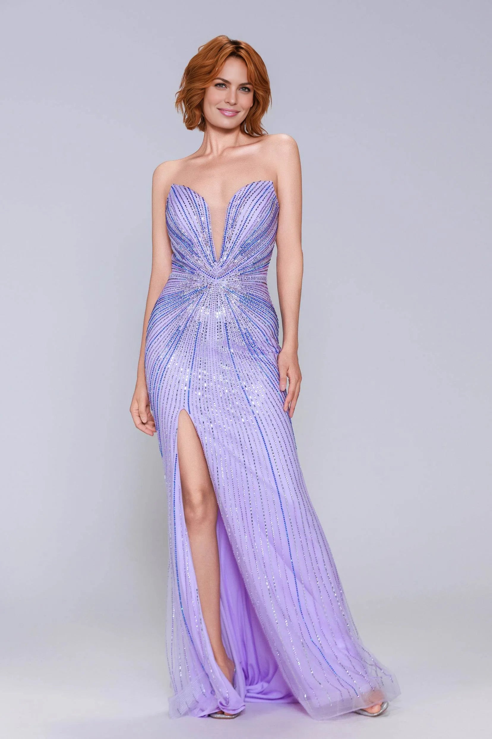 Striking Sheath Plunge Neck Sheath-Column Sweep-Brush Train Sequined Formal Evening Gown with Slit