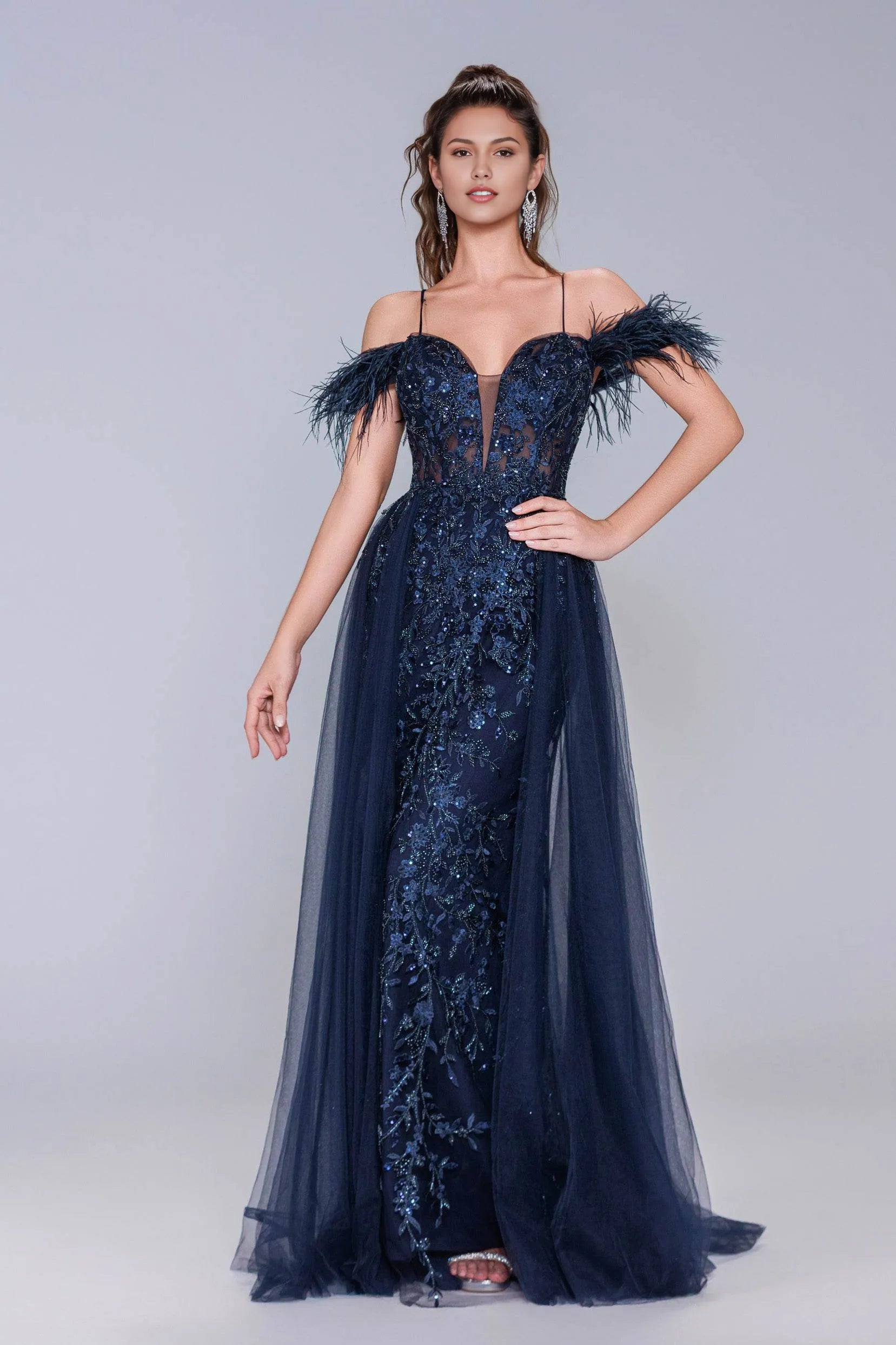 Statement Mermaid Plunge Neck Off-Shoulder Feather Tulle Appliqué Evening Gown