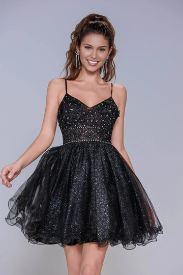 A-line homecoming dress with spaghetti straps, V-neck bodice, glitter tulle overlay, and flared mini skirt