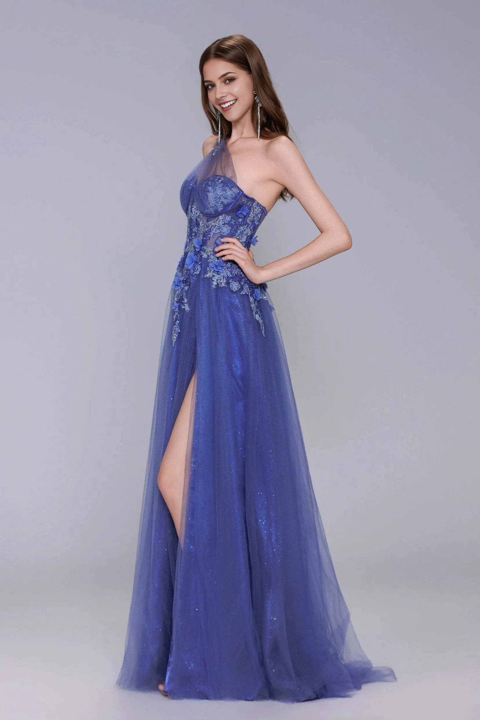 Radiant A-Line One-Shoulder Tulle Appliqué Sweep-Brush Train Prom Gown with Slit