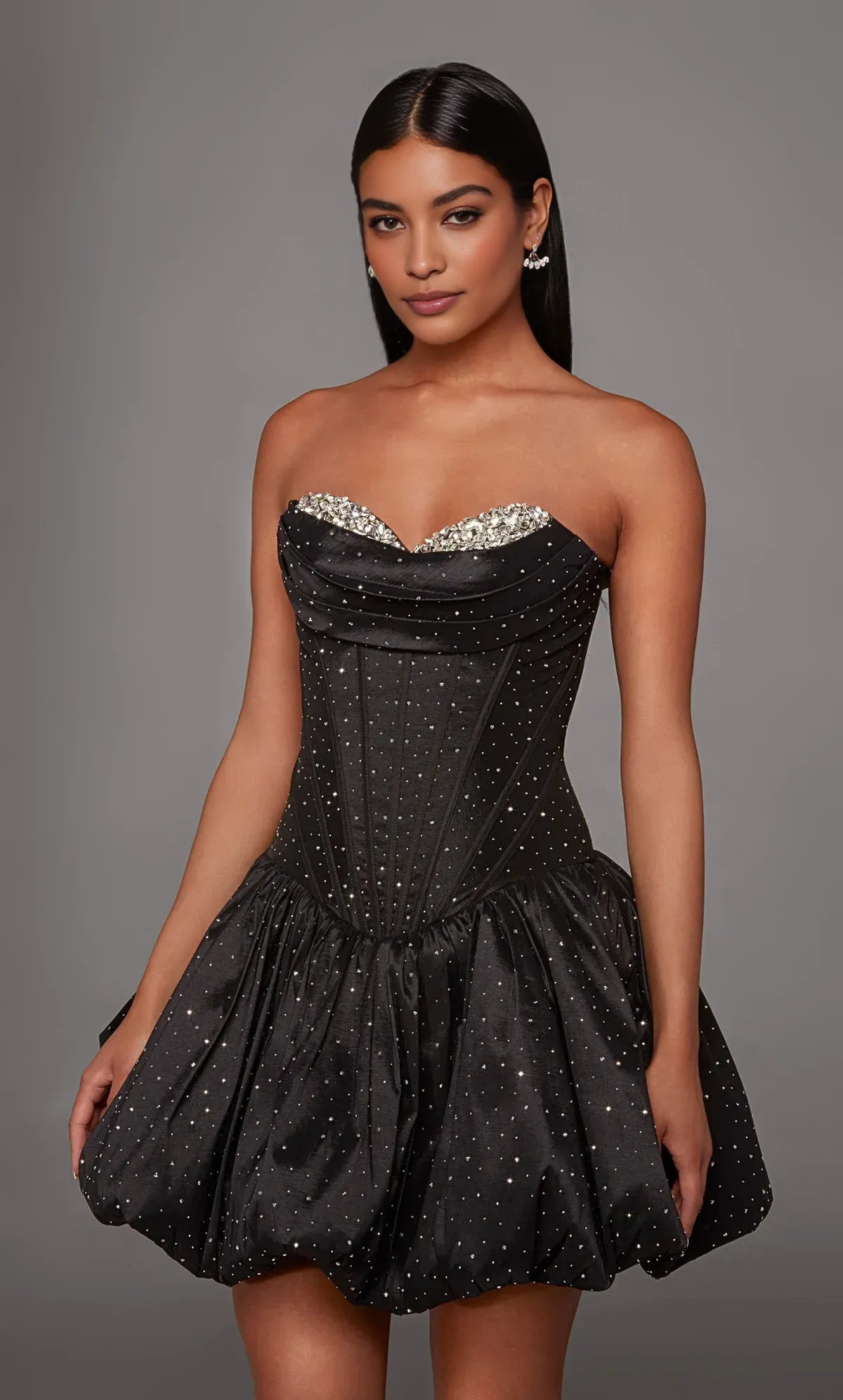 Strapless Sweetheart Draped Corset Rhinestone Neckline Lace-Up Back Bubble Hem Short Cocktail Homecoming Dress