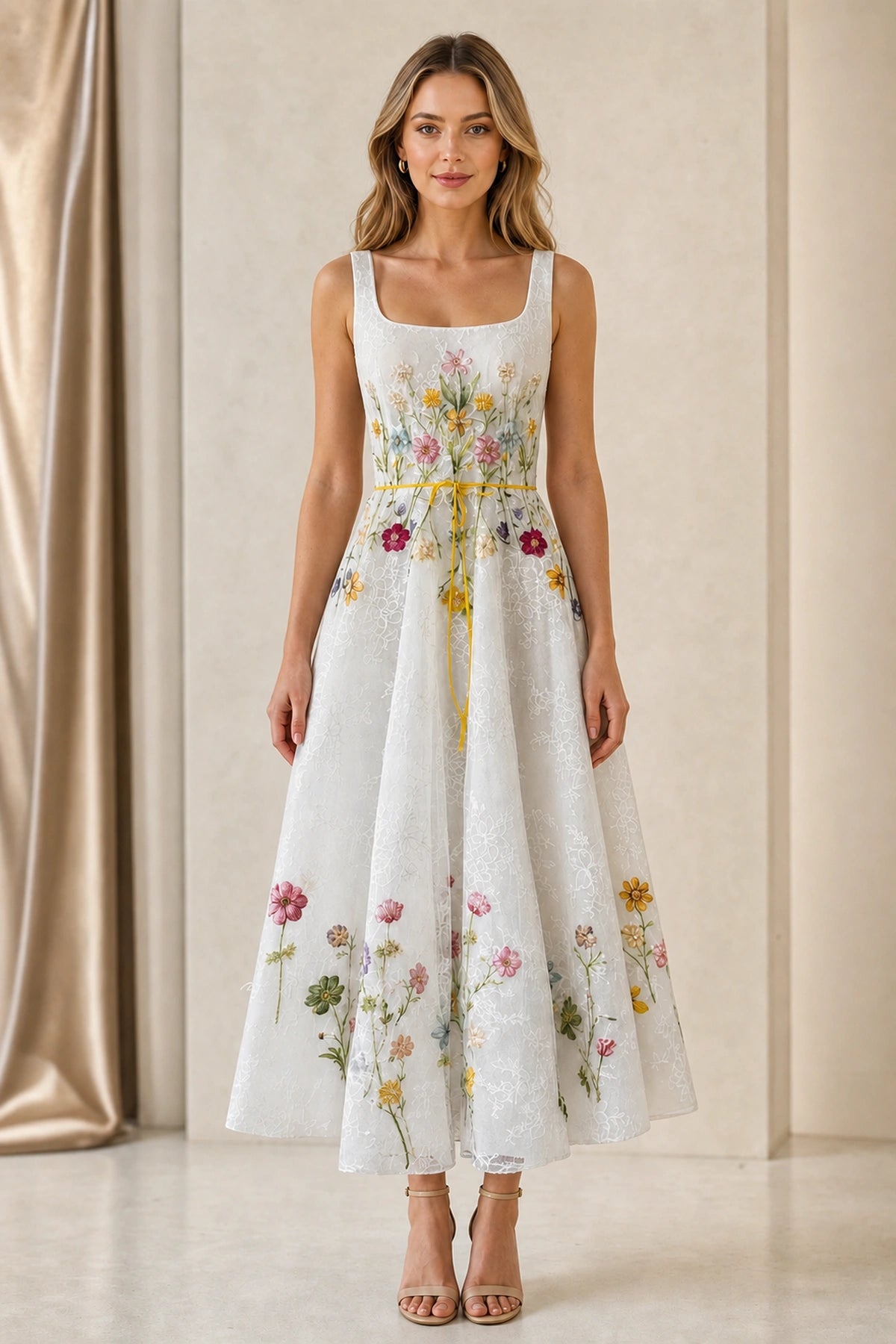 Floral Embroidered A-Line Square Neck Sleeveless Low Back Midi Garden Wedding Bridesmaid Dress