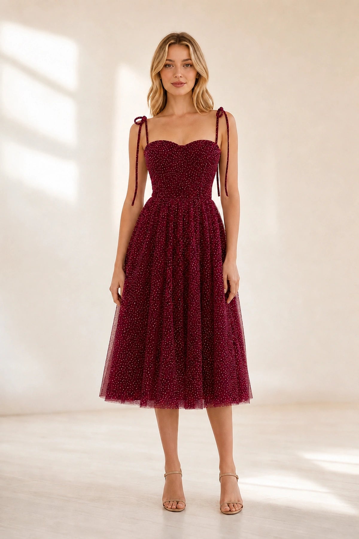 Burgundy A-line Sweetheart Spaghetti Strap Lace-up Back Midi Homecoming Dress