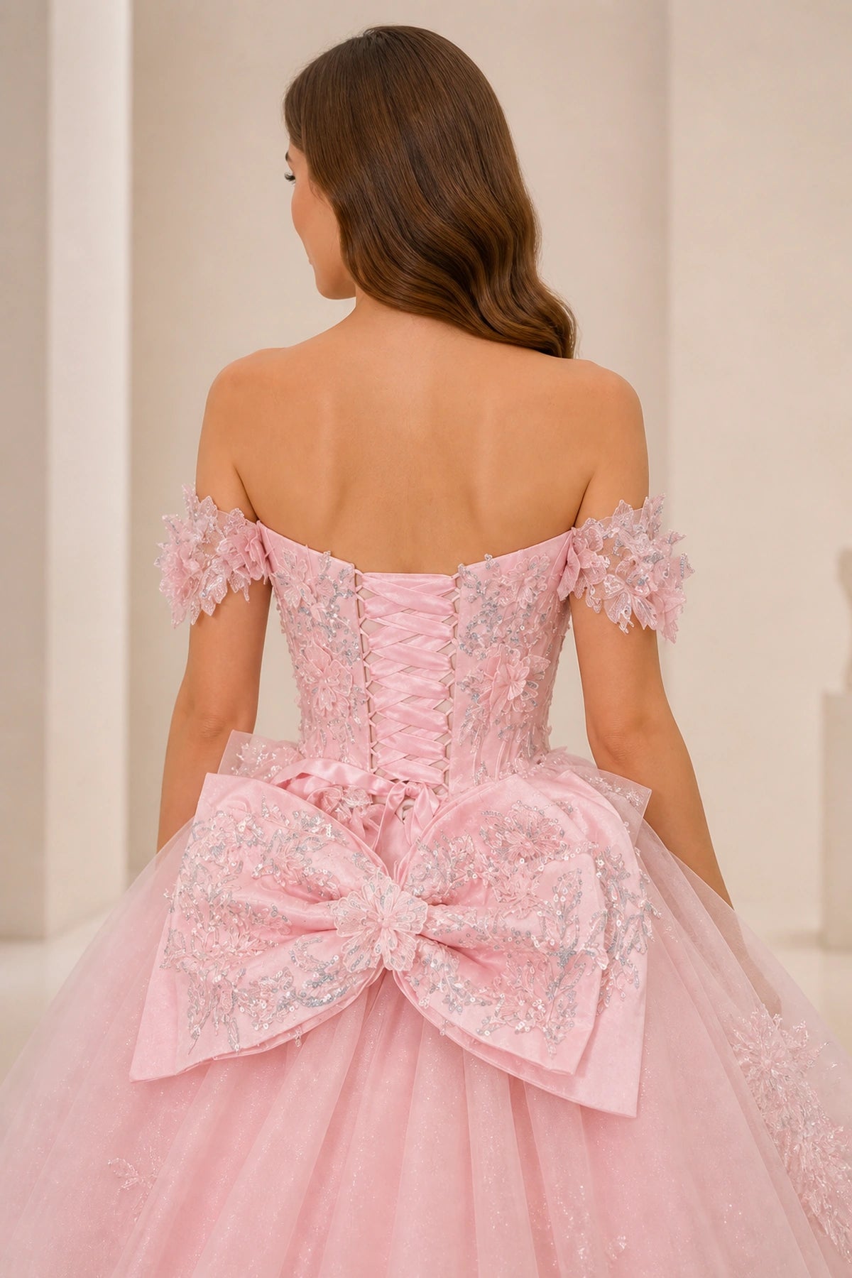Glamorous Ball‑Gown Off‑The‑Shoulder Short‑Sleeve Lace‑Up‑Back Floor‑Length Prom Dress