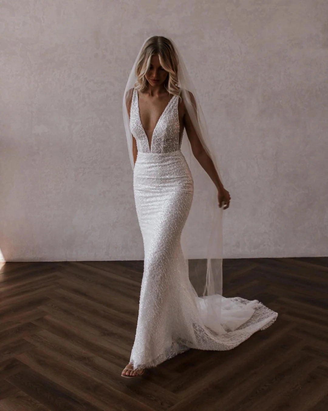 Beaded Sparkly Mermaid Deep V Sleeveless Plunge Back Chapel Train Wedding Gown
