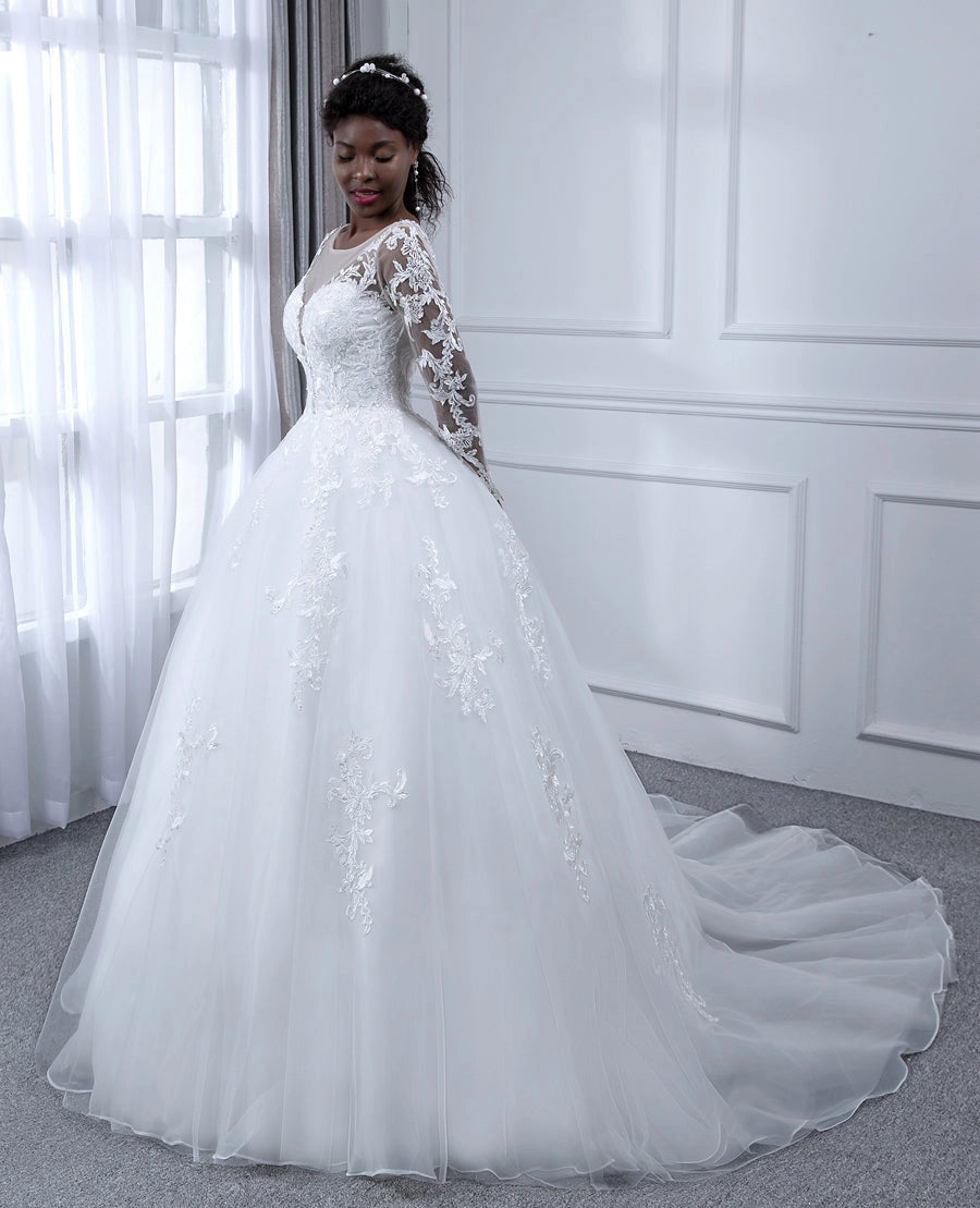 Classic A Line Illusion Round Long Sleeve V Back Chapel Train Wedding Dress
