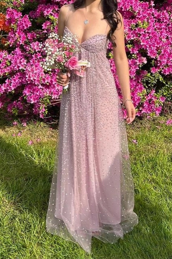 Dusty Pink A-line Sweetheart Spaghetti Strap Low Back Long Evening Dress