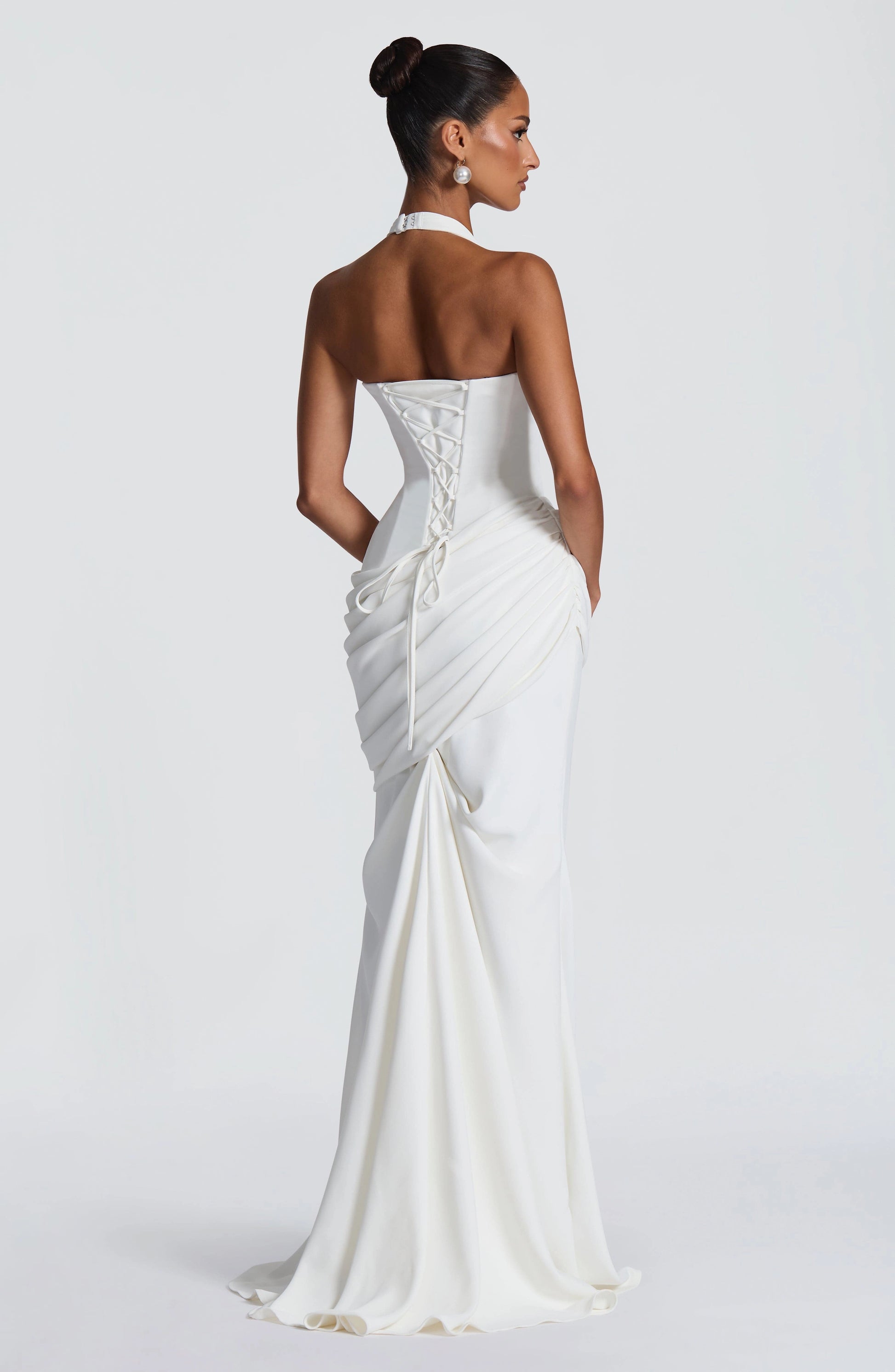 Fitted Mermaid Halter Sleeveless Lace Up Back Floor Length Wedding Dress