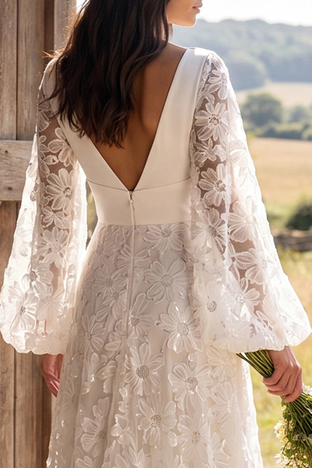 Bohemian Mermaid Illusion Long Sleeve Sheer Back Train Wedding Dress