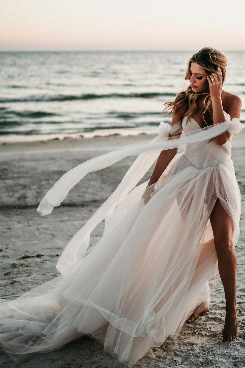Dreamy A-Line Sweetheart Off Shoulder Bow Sleeve Lace Up Back Train Wedding Prom Dress